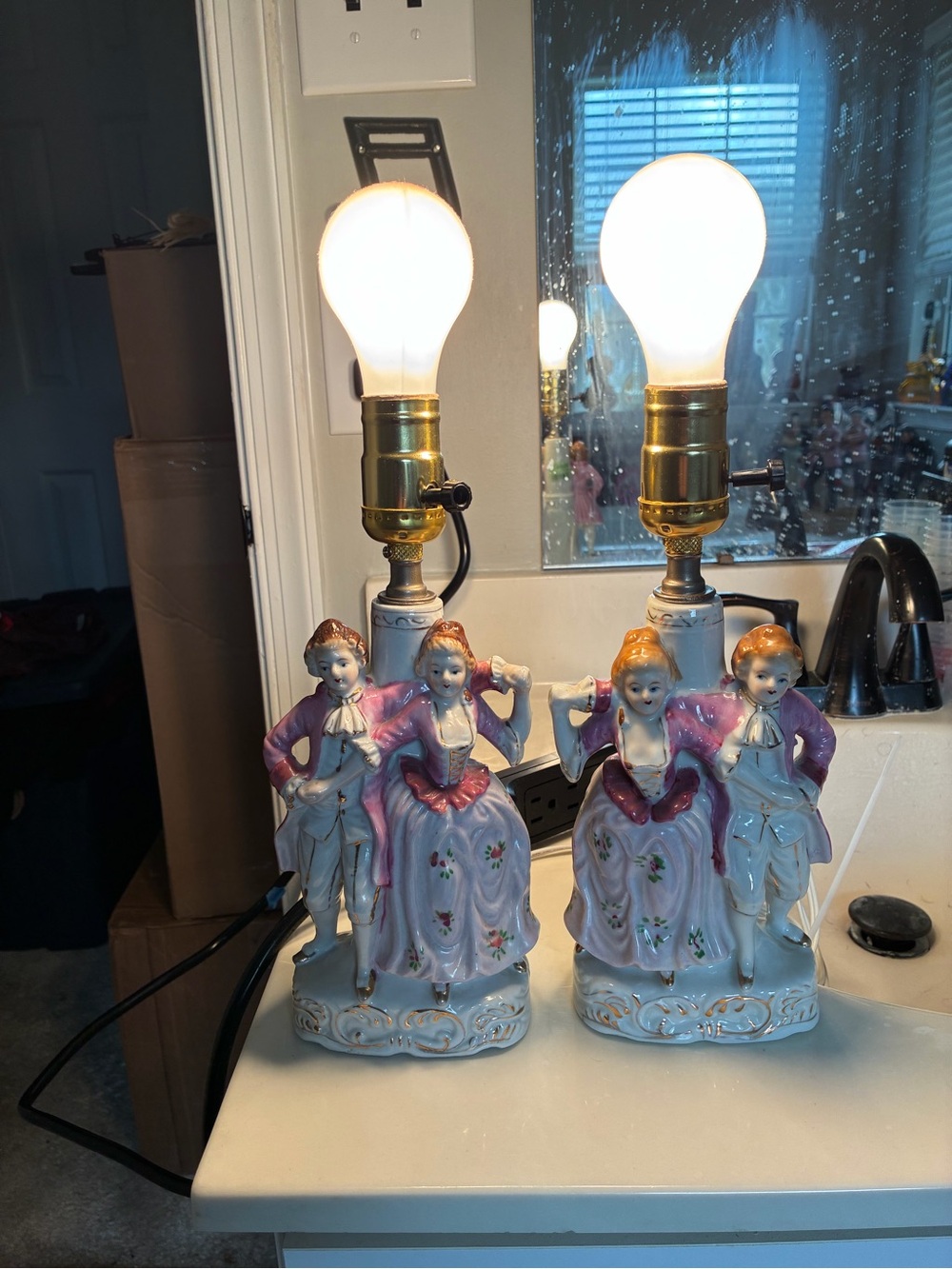 Vintage Pair Colonial Couple Boudoir Lamps Porcelain Hand Painted Pink Dress